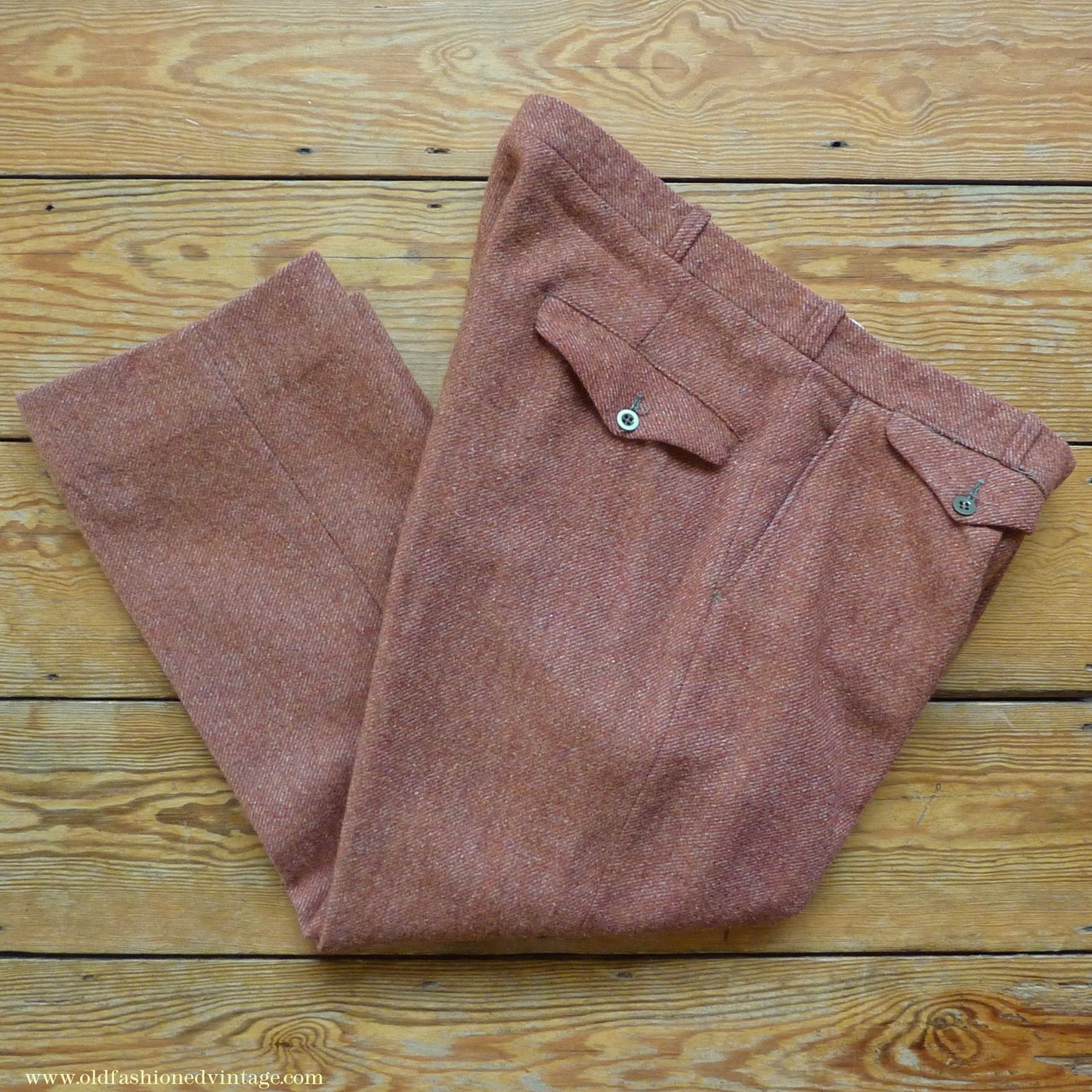 Vintage Mens 1950s Trousers Brick Red Brown Tweed Wool Pants 38" Extra Short