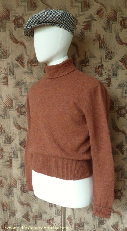Old Fashioned Garments Vintage Reproduction 1940s Mens Polo Neck Jumper Burnt Sienna Roll Turtle Sweater M