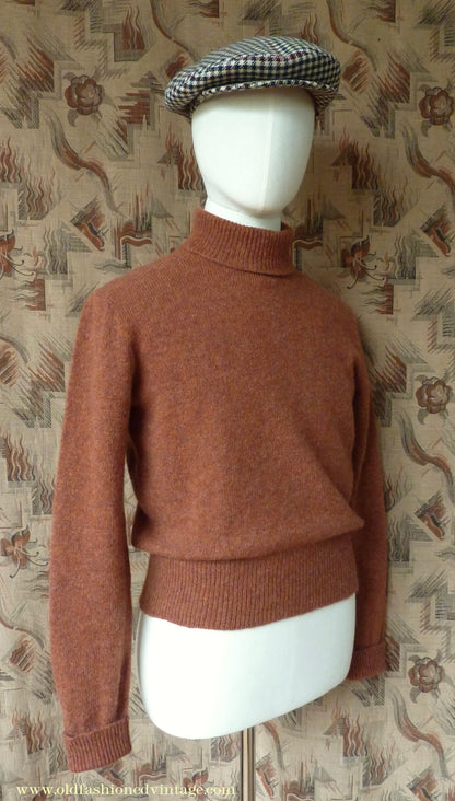 Old Fashioned Garments Vintage Reproduction 1940s Mens Polo Neck Jumper Burnt Sienna Roll Turtle Sweater M