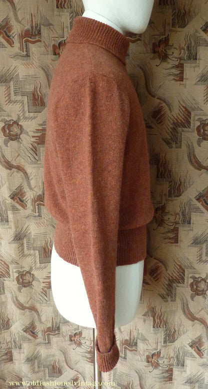 Old Fashioned Garments Vintage Reproduction 1940s Mens Polo Neck Jumper Burnt Sienna Roll Turtle Sweater M