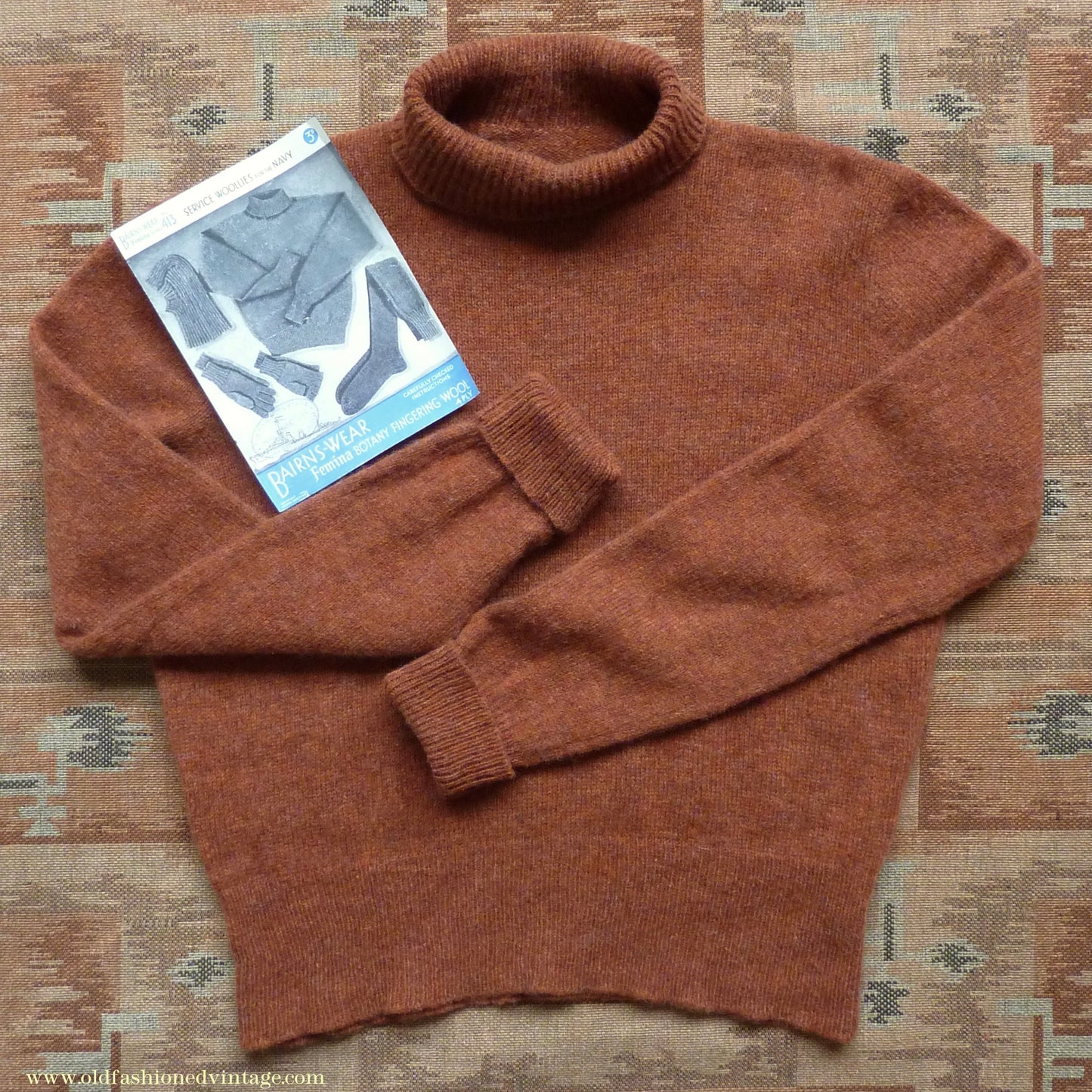 Old Fashioned Garments Vintage Reproduction 1940s Mens Polo Neck Jumper Burnt Sienna Roll Turtle Sweater M