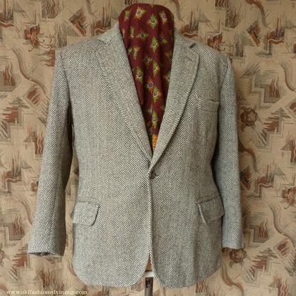 Vintage Mens 1980s Bespoke Tweed Sports Jacket Brown Beige Herringbone 44" Short