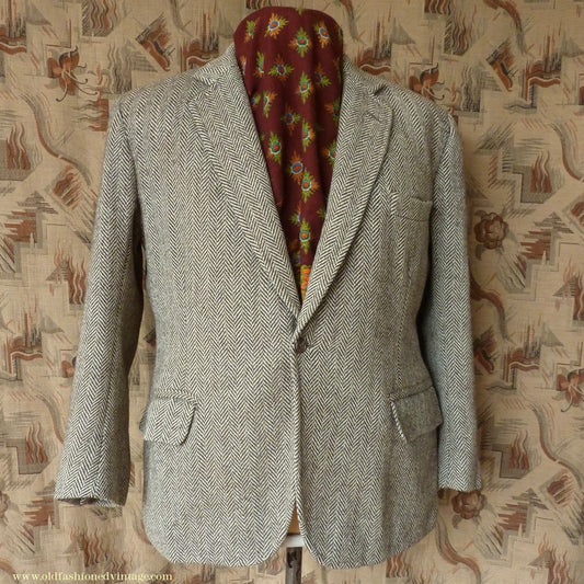 Vintage Mens 1980s Bespoke Tweed Sports Jacket Brown Beige Herringbone 44" Short