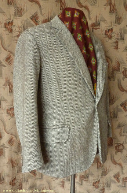 Vintage Mens 1980s Bespoke Tweed Sports Jacket Brown Beige Herringbone 44" Short