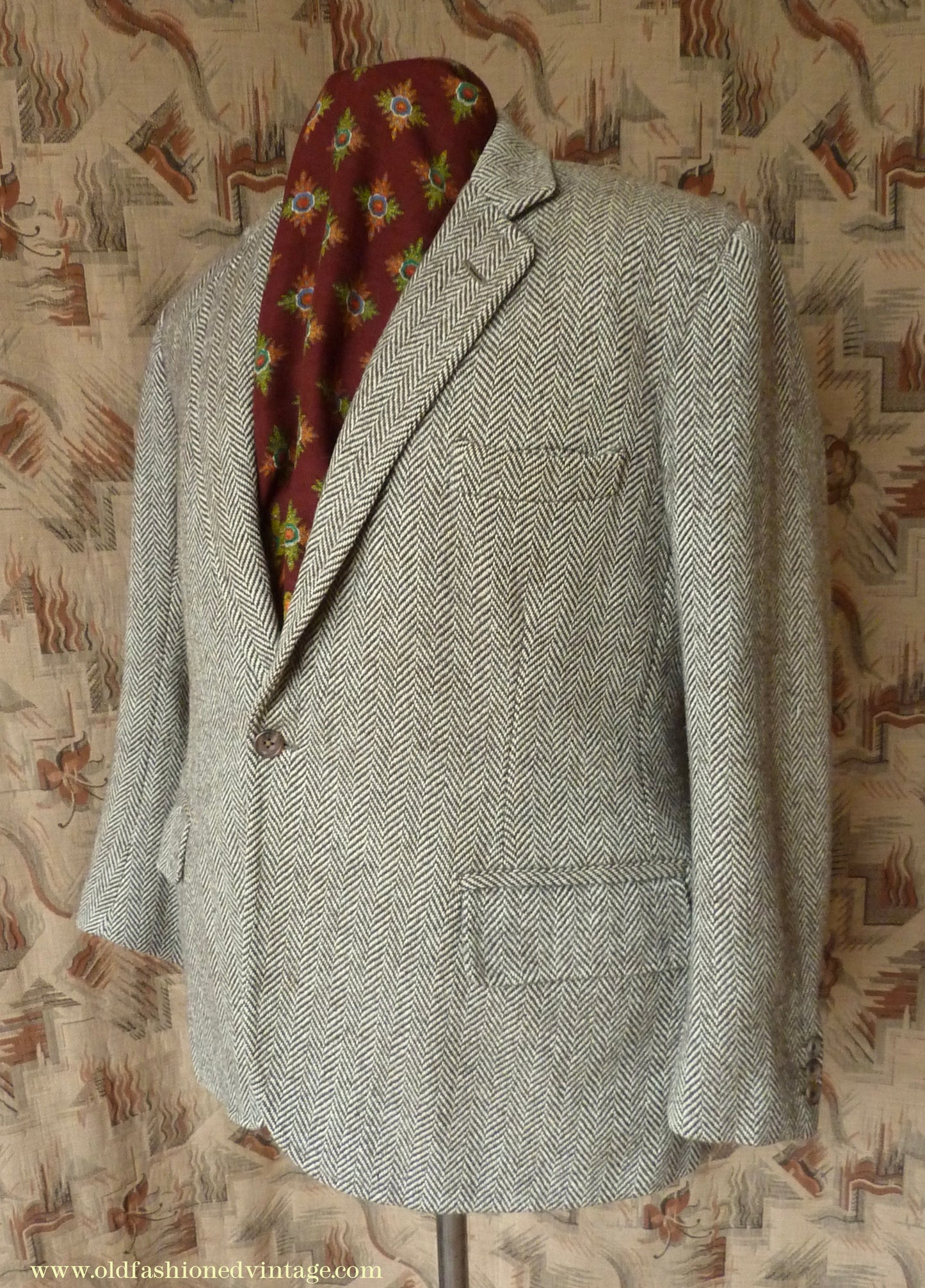 Vintage Mens 1980s Bespoke Tweed Sports Jacket Brown Beige Herringbone 44" Short