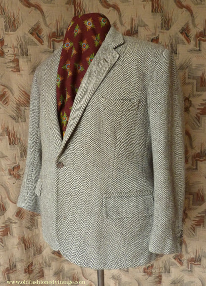 Vintage Mens 1980s Bespoke Tweed Sports Jacket Brown Beige Herringbone 44" Short