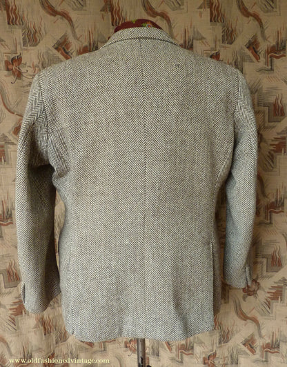 Vintage Mens 1980s Bespoke Tweed Sports Jacket Brown Beige Herringbone 44" Short