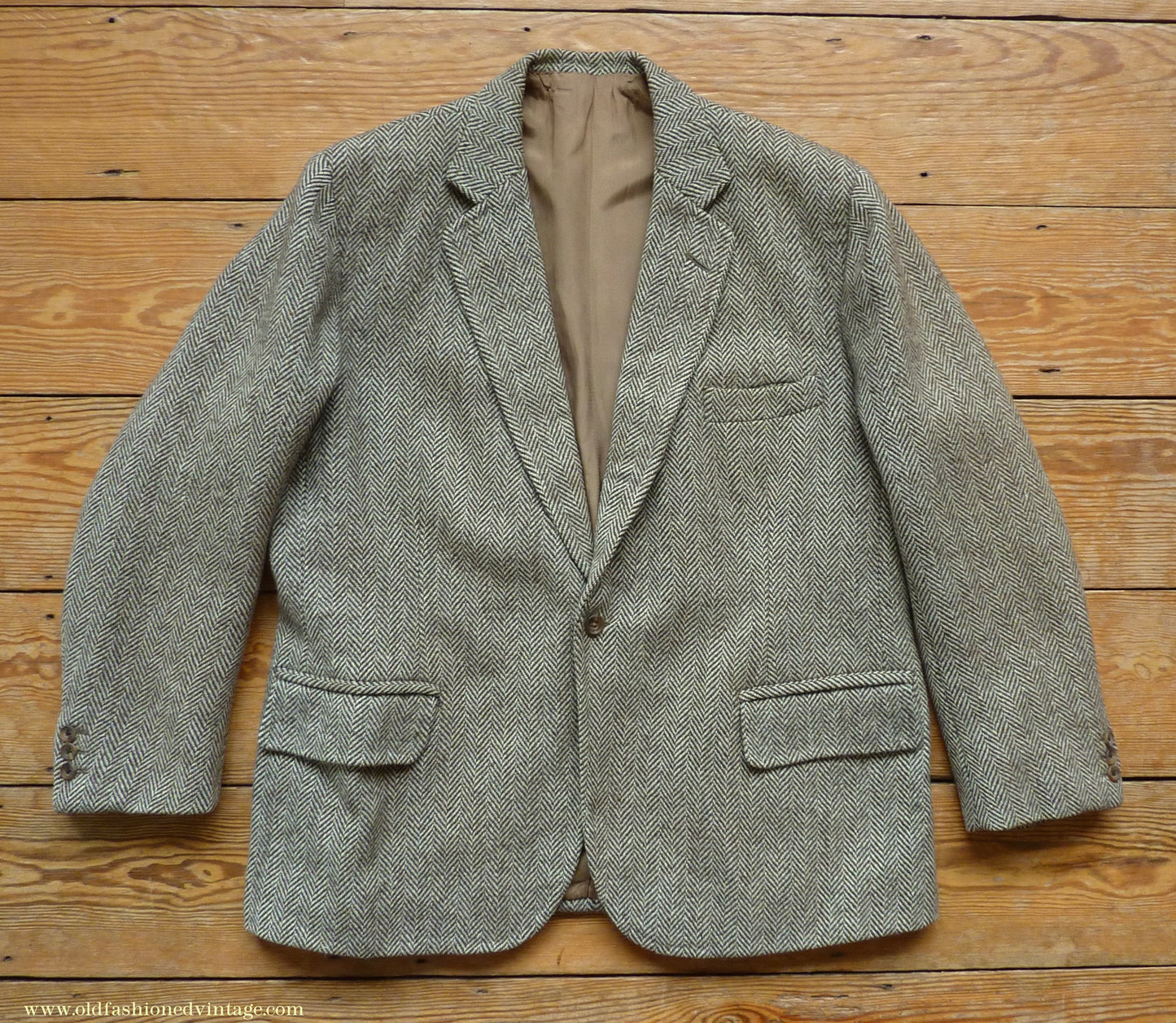 Vintage Mens 1980s Bespoke Tweed Sports Jacket Brown Beige Herringbone 44" Short