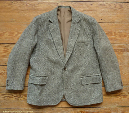 Vintage Mens 1980s Bespoke Tweed Sports Jacket Brown Beige Herringbone 44" Short