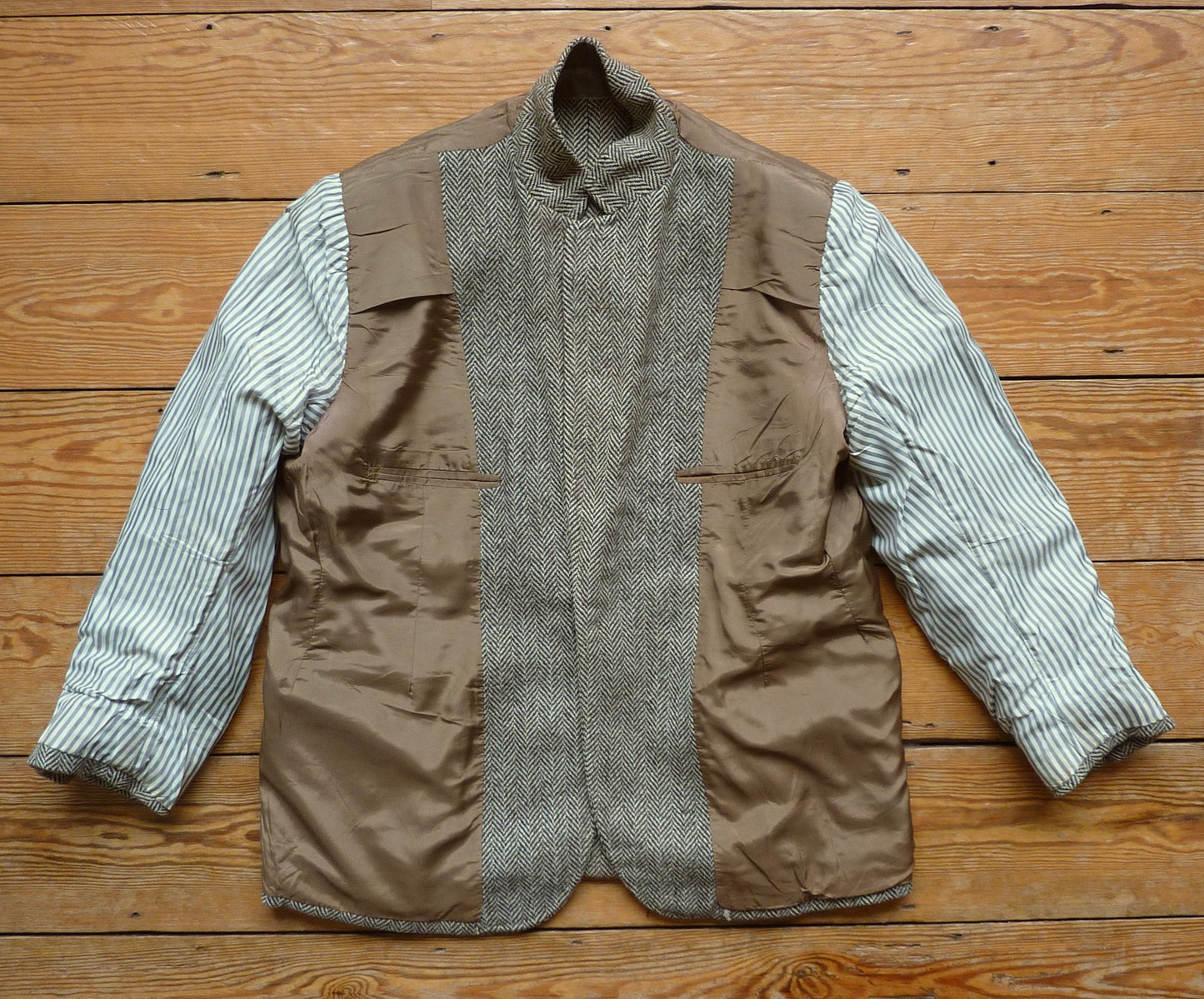 Vintage Mens 1980s Bespoke Tweed Sports Jacket Brown Beige Herringbone 44" Short