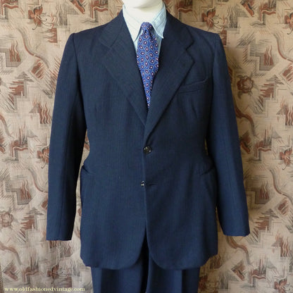 Vintage Mens 1930s 1940s Italian Bespoke Tailored 2 Piece Suit Dark Blue Wool Single Breasted 40"