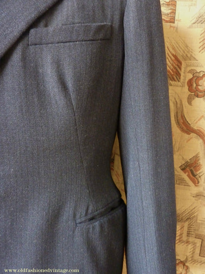 Vintage Mens 1930s 1940s Italian Bespoke Tailored 2 Piece Suit Dark Blue Wool Single Breasted 40"