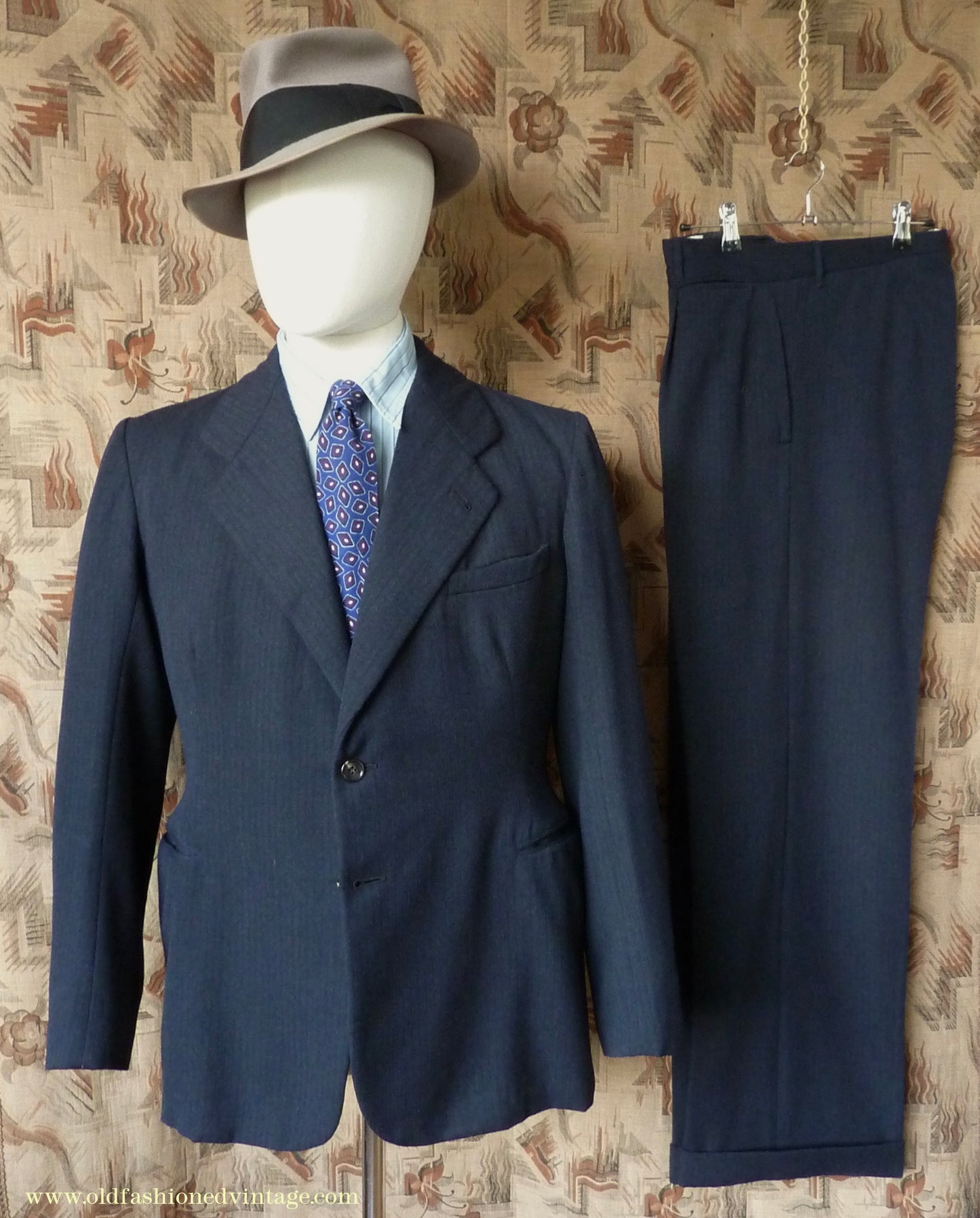 Vintage Mens 1930s 1940s Italian Bespoke Tailored 2 Piece Suit Dark Blue Wool Single Breasted 40"