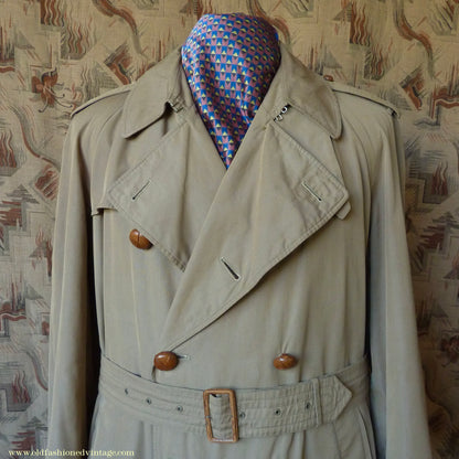 Vintage Mens 1940s 1950s Moss Bros Trench Coat Double Breasted Raincoat Mac L / XL