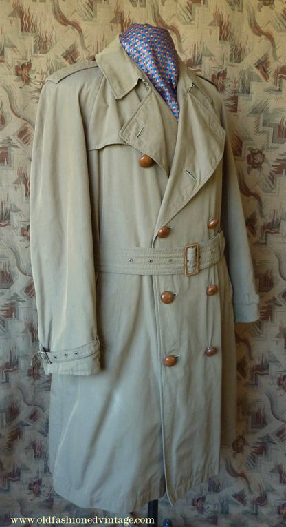 Vintage Mens 1940s 1950s Moss Bros Trench Coat Double Breasted Raincoat Mac L / XL