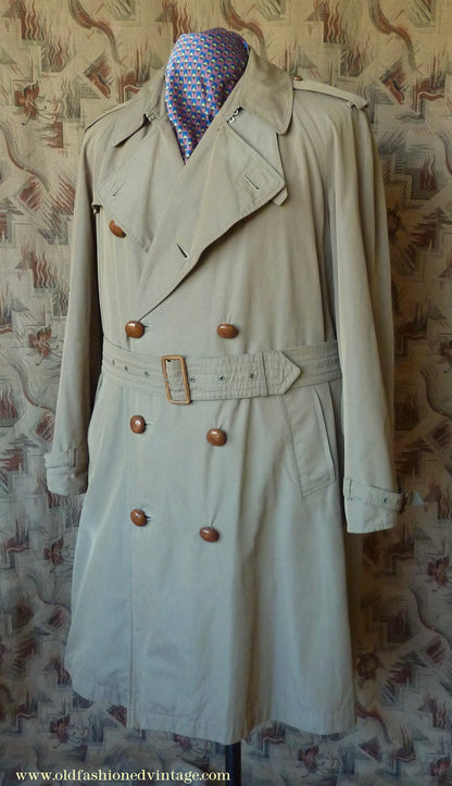 Vintage Mens 1940s 1950s Moss Bros Trench Coat Double Breasted Raincoat Mac L / XL