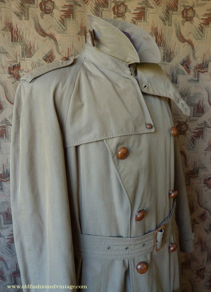 Vintage Mens 1940s 1950s Moss Bros Trench Coat Double Breasted Raincoat Mac L / XL