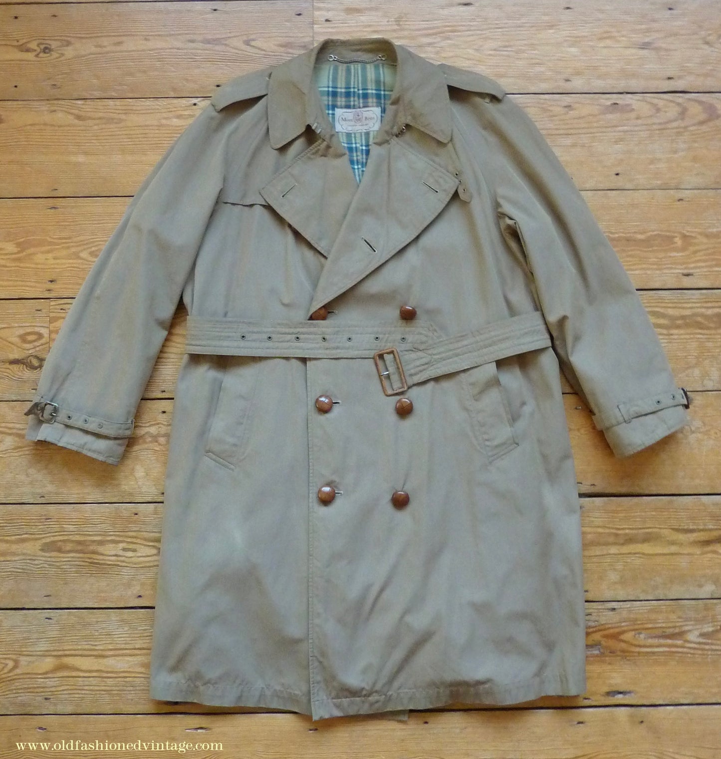 Vintage Mens 1940s 1950s Moss Bros Trench Coat Double Breasted Raincoat Mac L / XL
