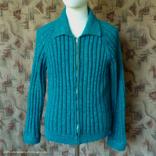 Vintage 1950s Mens Hand Knitted Zip Up Cardigan Lumberjacket Sweater Jade Green Blue Marl M