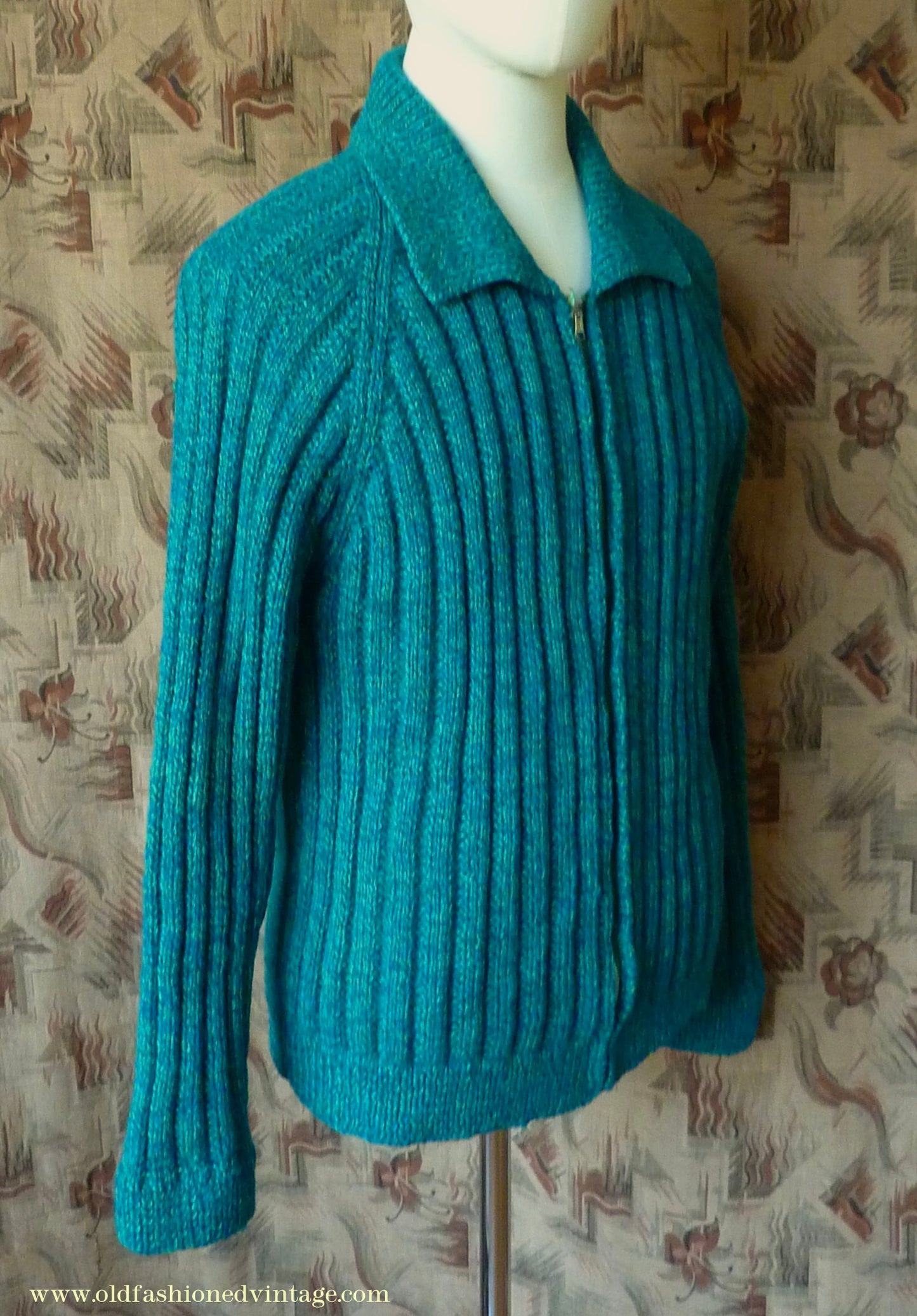 Vintage 1950s Mens Hand Knitted Zip Up Cardigan Lumberjacket Sweater Jade Green Blue Marl M