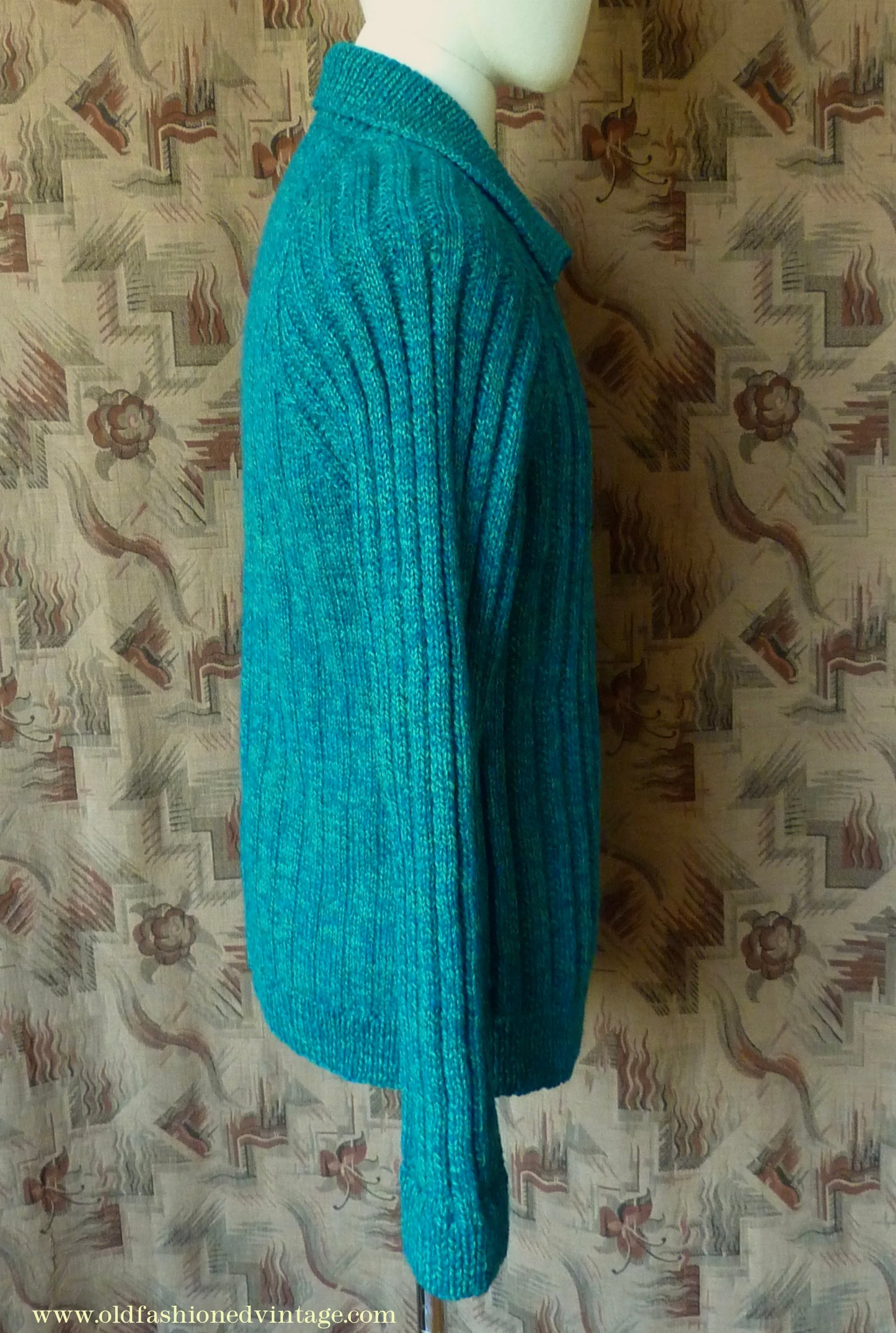 Vintage 1950s Mens Hand Knitted Zip Up Cardigan Lumberjacket Sweater Jade Green Blue Marl M