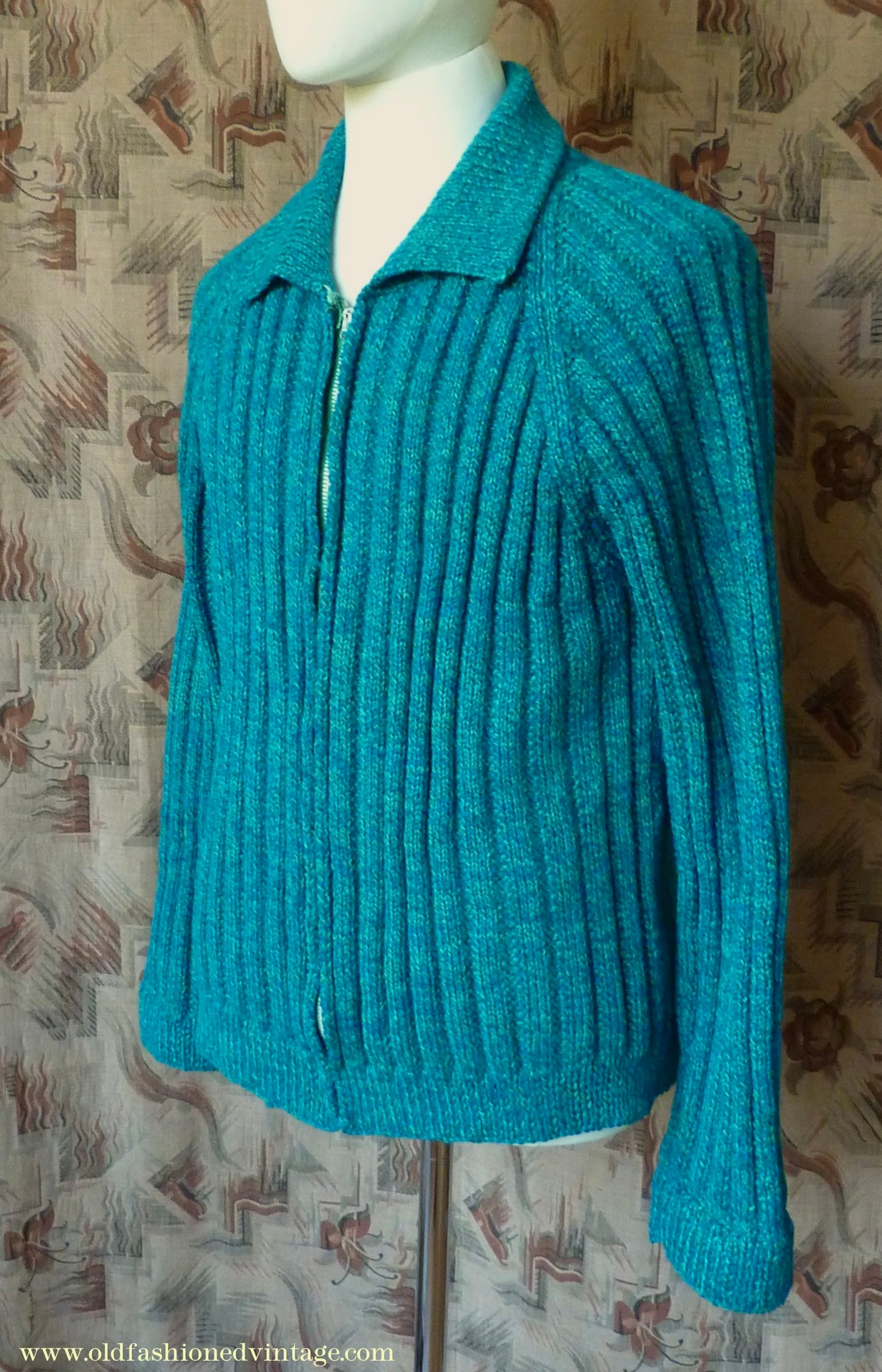 Vintage 1950s Mens Hand Knitted Zip Up Cardigan Lumberjacket Sweater Jade Green Blue Marl M