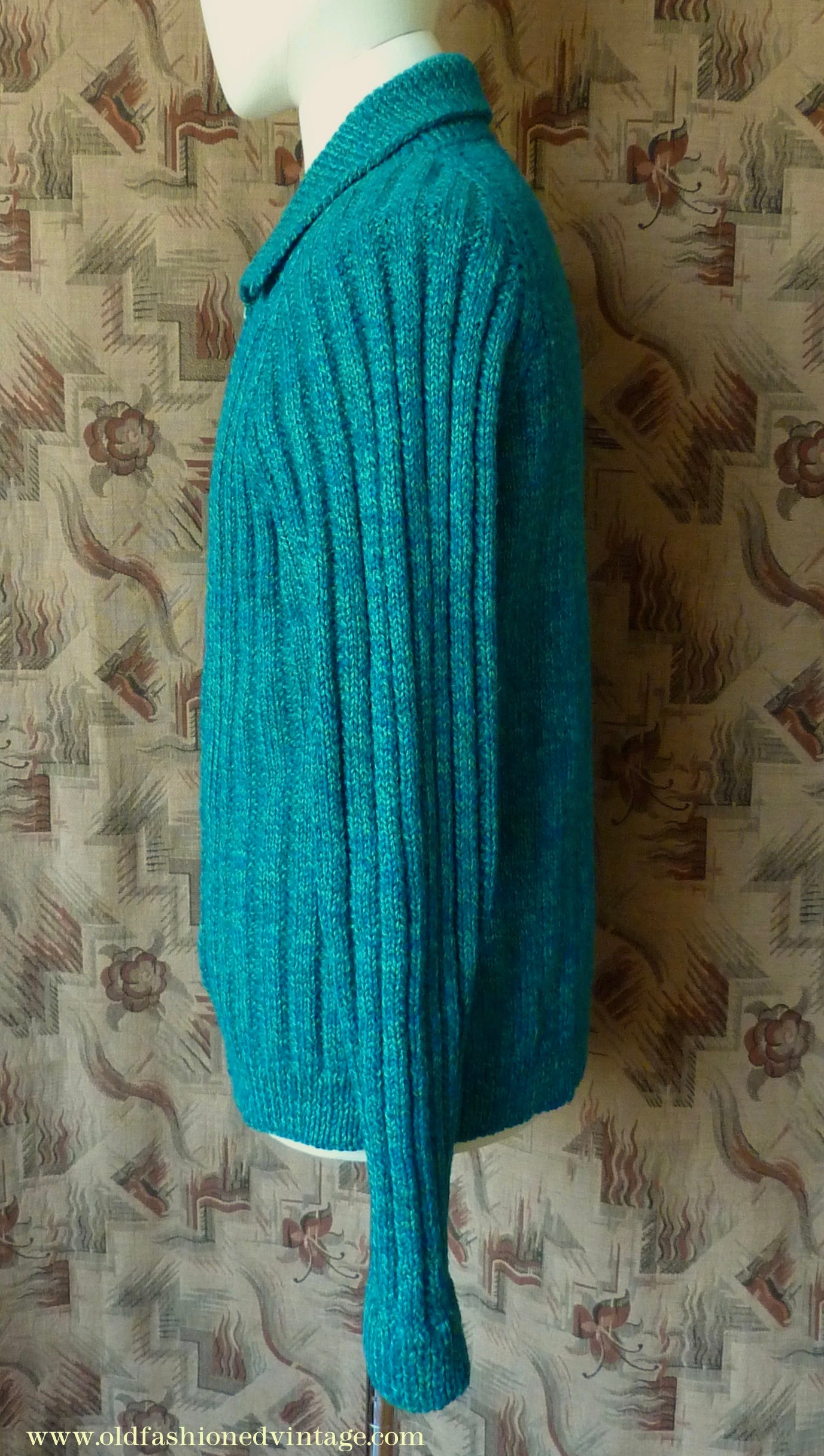 Vintage 1950s Mens Hand Knitted Zip Up Cardigan Lumberjacket Sweater Jade Green Blue Marl M