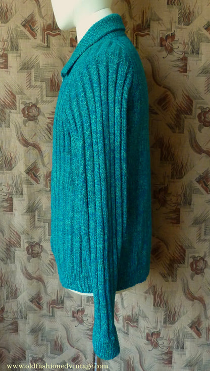 Vintage 1950s Mens Hand Knitted Zip Up Cardigan Lumberjacket Sweater Jade Green Blue Marl M