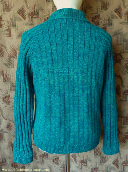 Vintage 1950s Mens Hand Knitted Zip Up Cardigan Lumberjacket Sweater Jade Green Blue Marl M