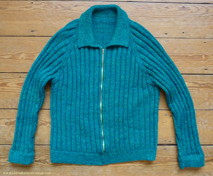 Vintage 1950s Mens Hand Knitted Zip Up Cardigan Lumberjacket Sweater Jade Green Blue Marl M