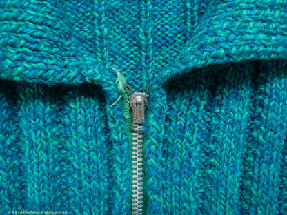 Vintage 1950s Mens Hand Knitted Zip Up Cardigan Lumberjacket Sweater Jade Green Blue Marl M