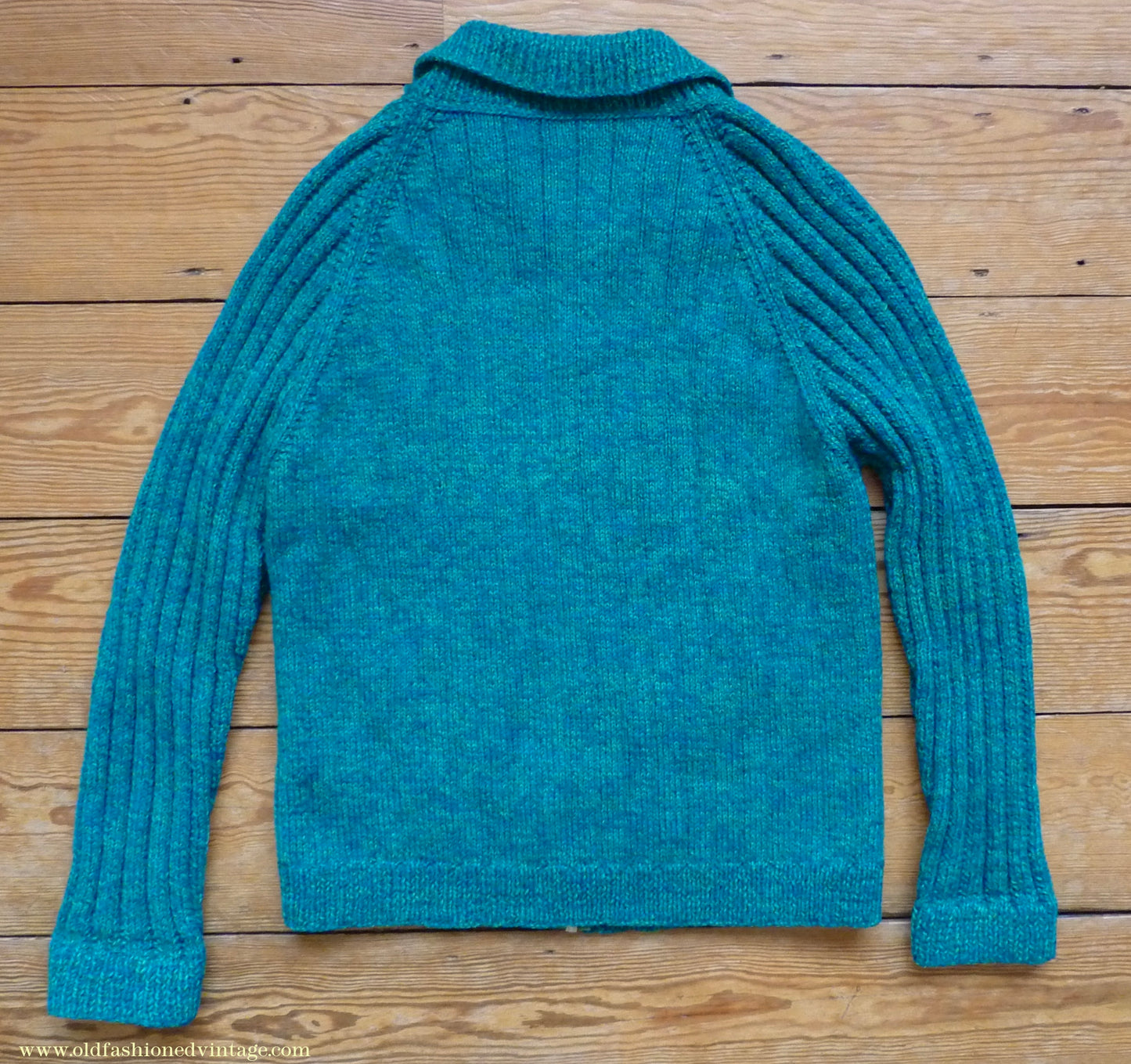 Vintage 1950s Mens Hand Knitted Zip Up Cardigan Lumberjacket Sweater Jade Green Blue Marl M