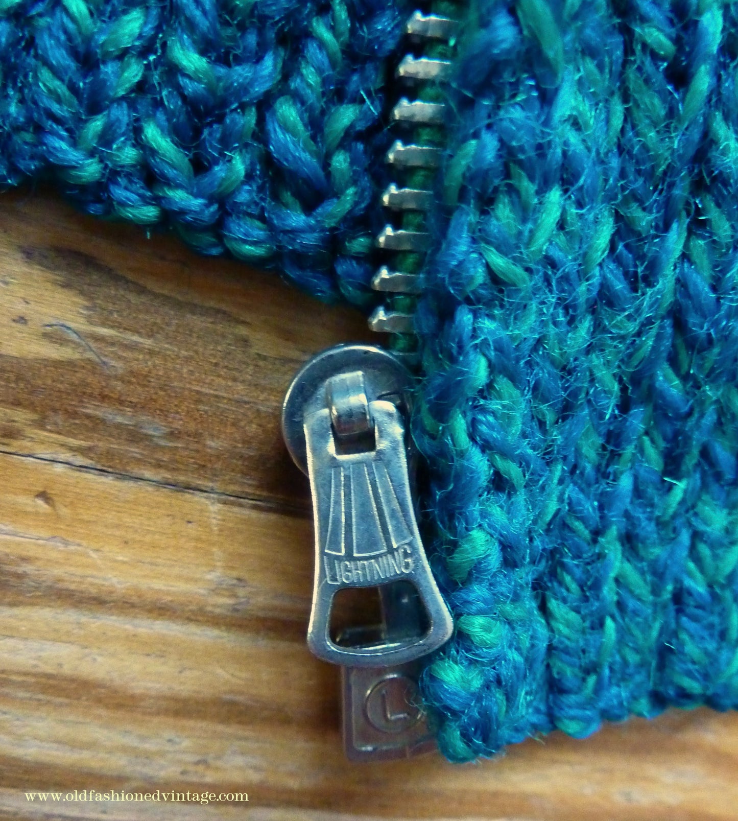Vintage 1950s Mens Hand Knitted Zip Up Cardigan Lumberjacket Sweater Jade Green Blue Marl M