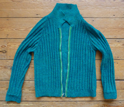 Vintage 1950s Mens Hand Knitted Zip Up Cardigan Lumberjacket Sweater Jade Green Blue Marl M