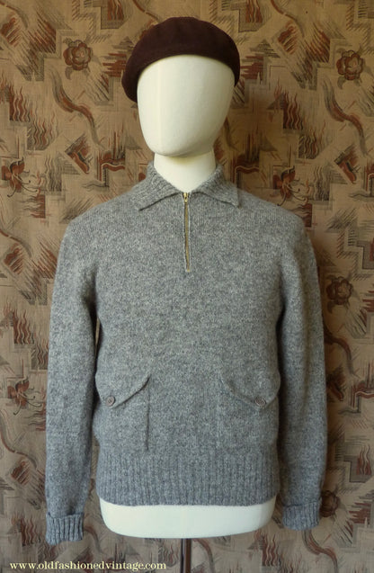 Old Fashioned Garments Vintage Reproduction 1930s Mens Wind-Breaker Grey Brown Marl Zip Neck Jumper Polo Collar Sweater M