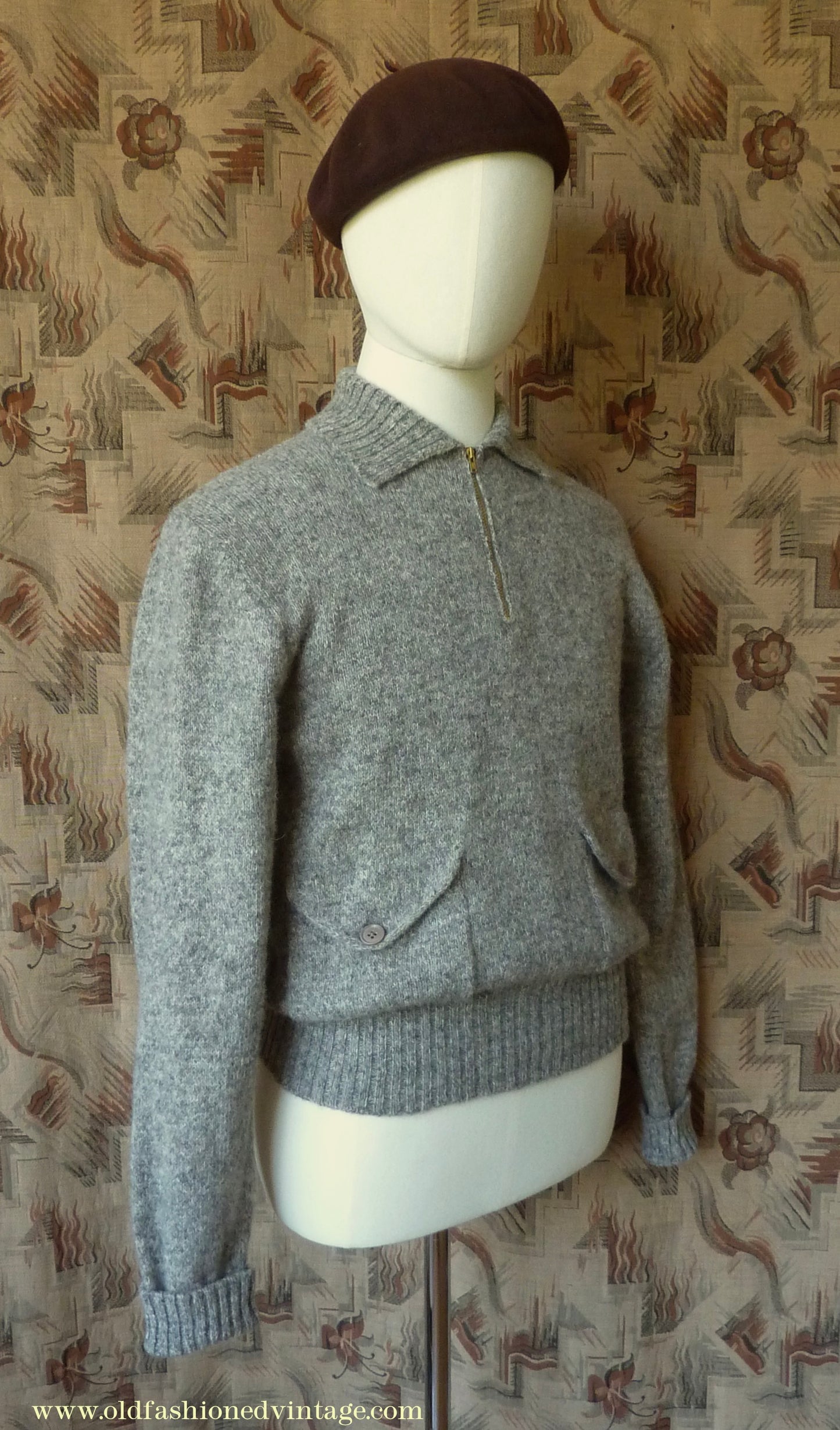 Old Fashioned Garments Vintage Reproduction 1930s Mens Wind-Breaker Grey Brown Marl Zip Neck Jumper Polo Collar Sweater M