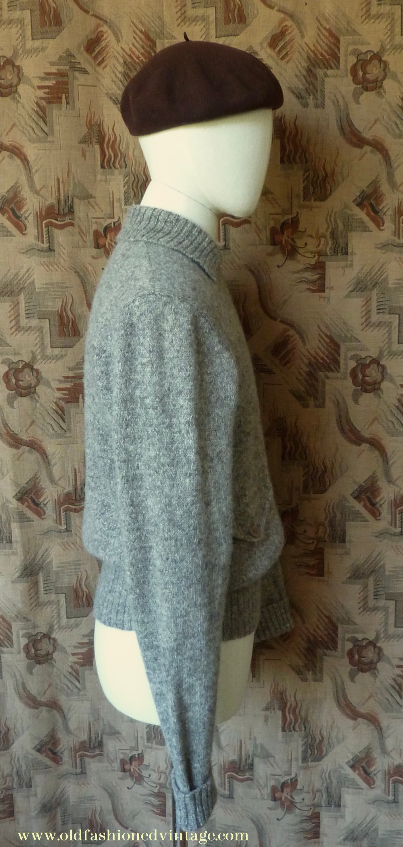 Old Fashioned Garments Vintage Reproduction 1930s Mens Wind-Breaker Grey Brown Marl Zip Neck Jumper Polo Collar Sweater M