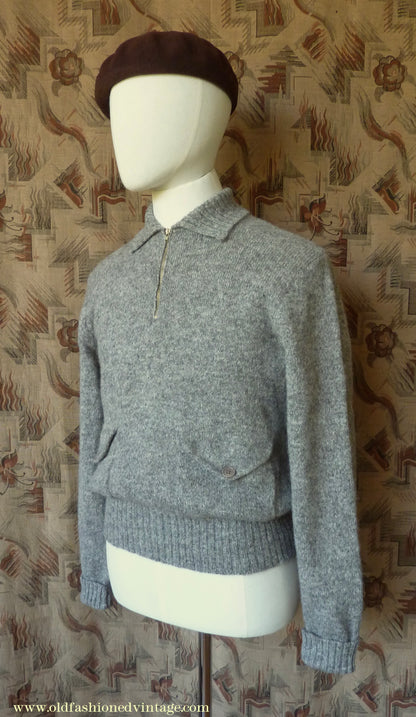 Old Fashioned Garments Vintage Reproduction 1930s Mens Wind-Breaker Grey Brown Marl Zip Neck Jumper Polo Collar Sweater M