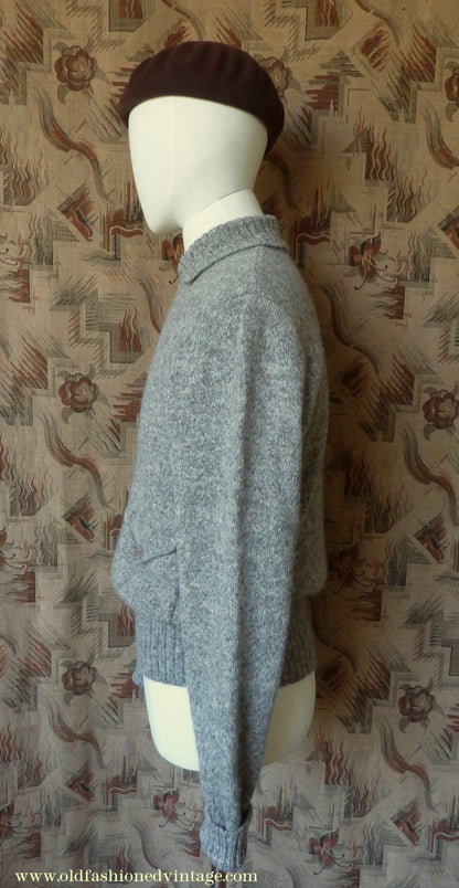Old Fashioned Garments Vintage Reproduction 1930s Mens Wind-Breaker Grey Brown Marl Zip Neck Jumper Polo Collar Sweater M