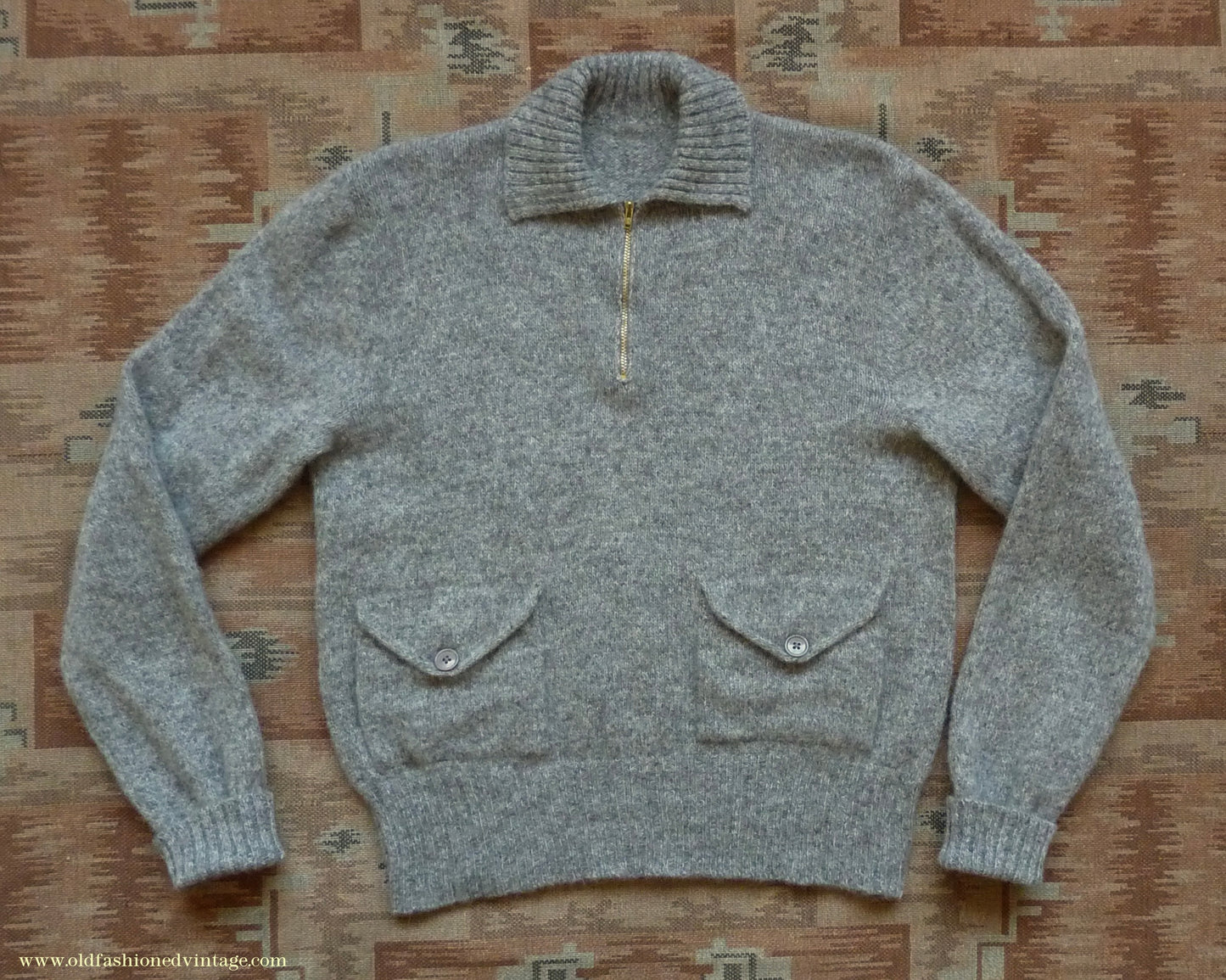 Old Fashioned Garments Vintage Reproduction 1930s Mens Wind-Breaker Grey Brown Marl Zip Neck Jumper Polo Collar Sweater M