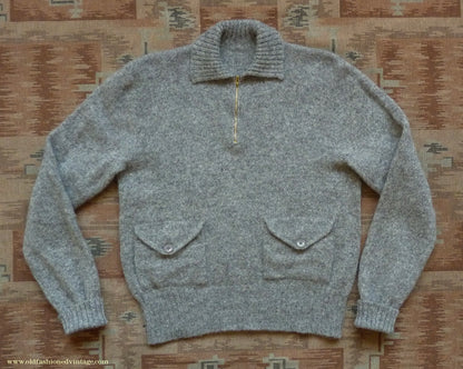 Old Fashioned Garments Vintage Reproduction 1930s Mens Wind-Breaker Grey Brown Marl Zip Neck Jumper Polo Collar Sweater M