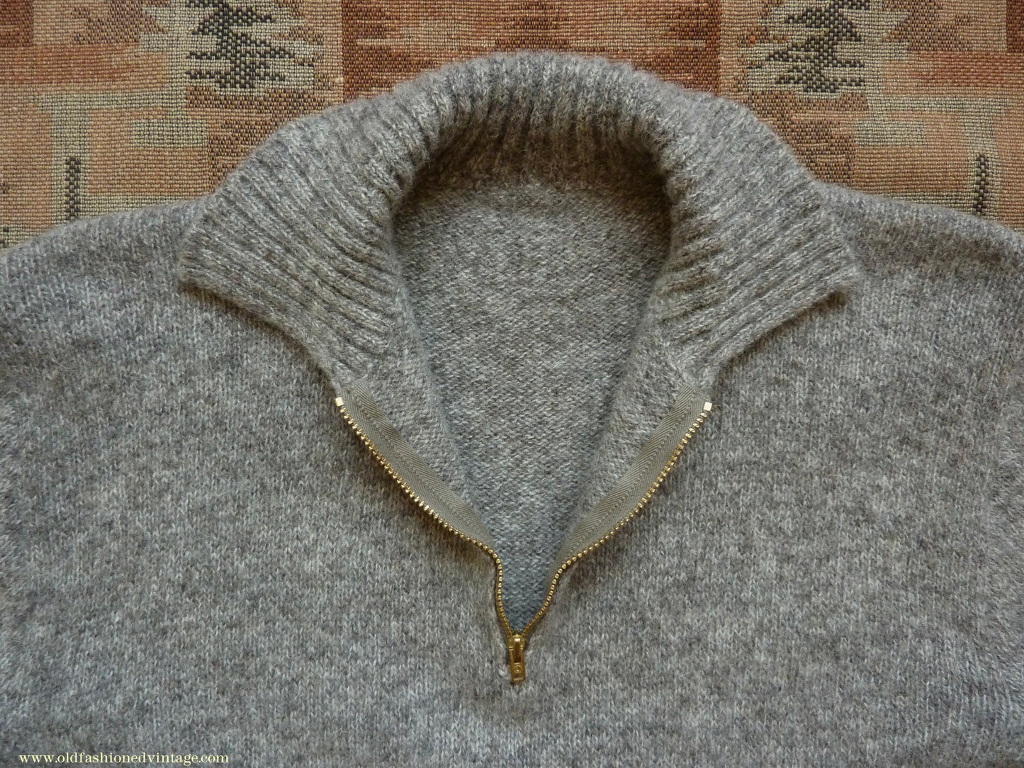 Old Fashioned Garments Vintage Reproduction 1930s Mens Wind-Breaker Grey Brown Marl Zip Neck Jumper Polo Collar Sweater M
