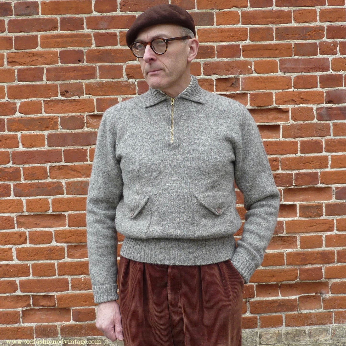 Old Fashioned Garments Vintage Reproduction 1930s Mens Wind-Breaker Grey Brown Marl Zip Neck Jumper Polo Collar Sweater M