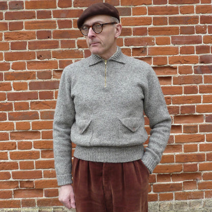 Old Fashioned Garments Vintage Reproduction 1930s Mens Wind-Breaker Grey Brown Marl Zip Neck Jumper Polo Collar Sweater M