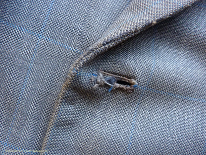Vintage Mens 1940s CC41 Double Breasted Suit Light Grey Wool Blue Windowpane Check 42"
