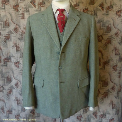Vintage Mens 1960s Bespoke 2 Piece Jacket & Waistcoat Set Single Breasted Olive Green Brown Overcheck Wool 38"/40"