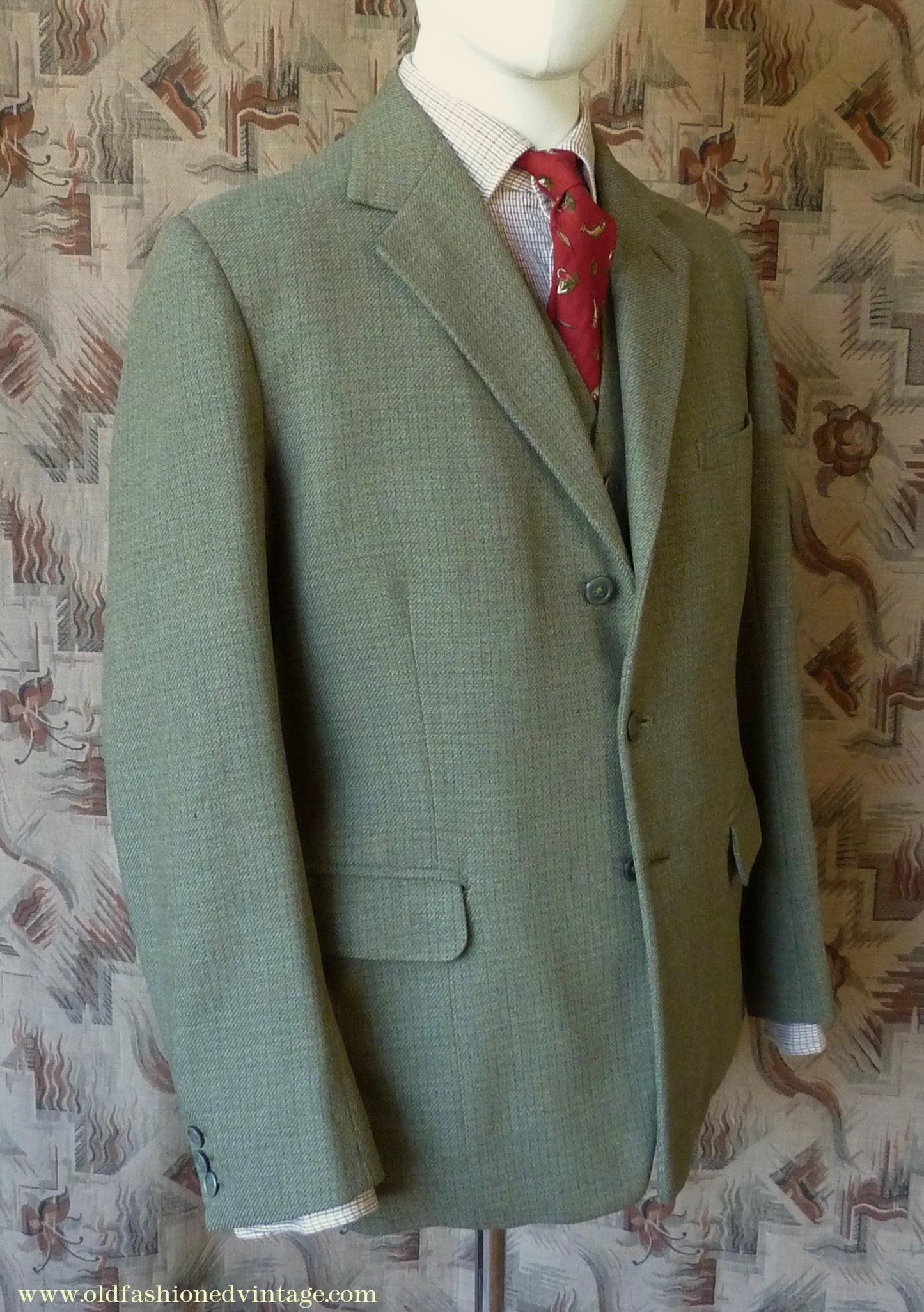 Vintage Mens 1960s Bespoke 2 Piece Jacket & Waistcoat Set Single Breasted Olive Green Brown Overcheck Wool 38"/40"