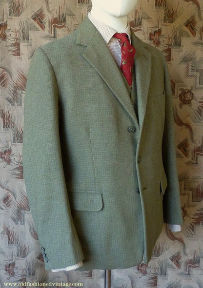 Vintage Mens 1960s Bespoke 2 Piece Jacket & Waistcoat Set Single Breasted Olive Green Brown Overcheck Wool 38"/40"