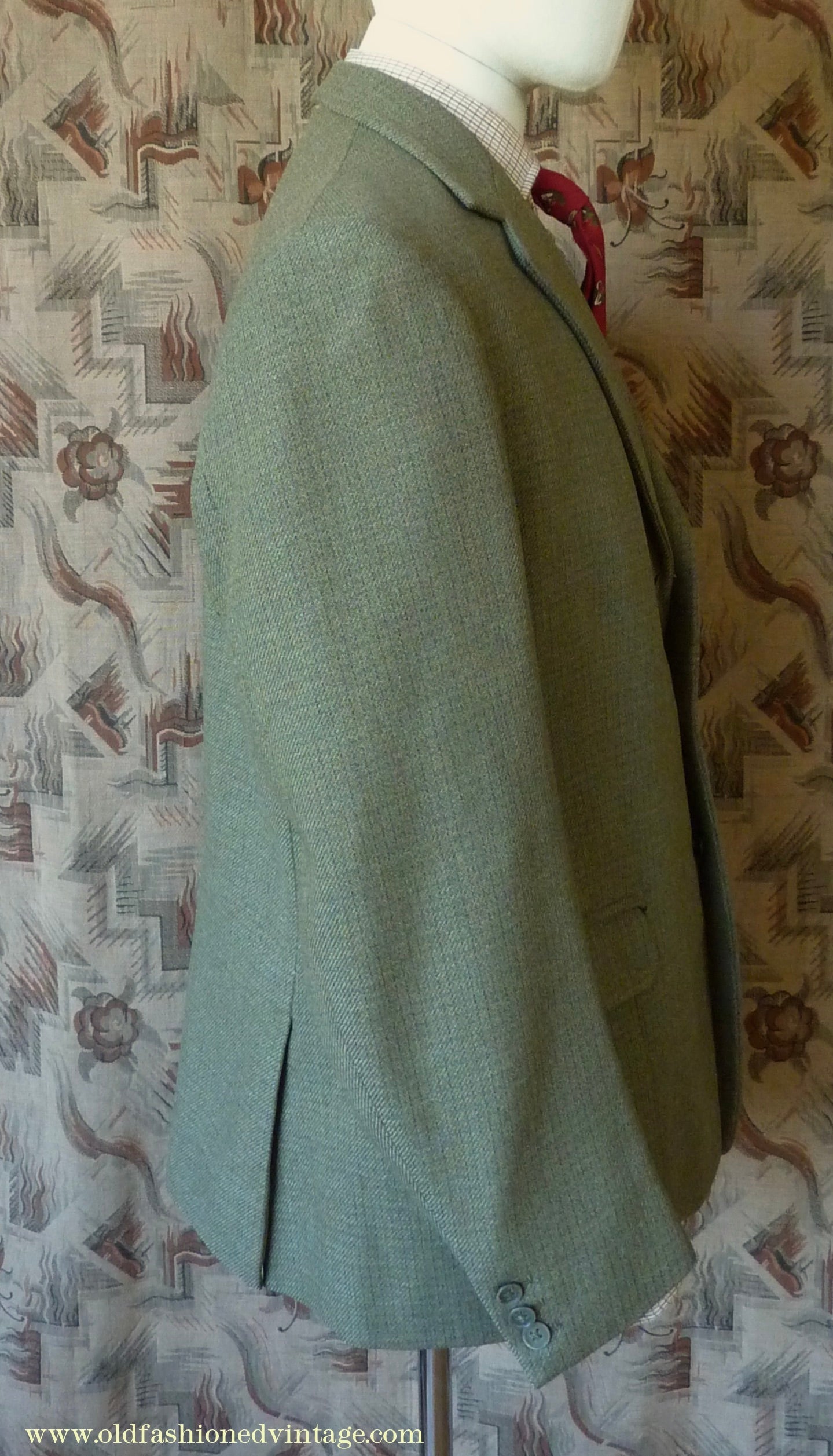 Vintage Mens 1960s Bespoke 2 Piece Jacket & Waistcoat Set Single Breasted Olive Green Brown Overcheck Wool 38"/40"