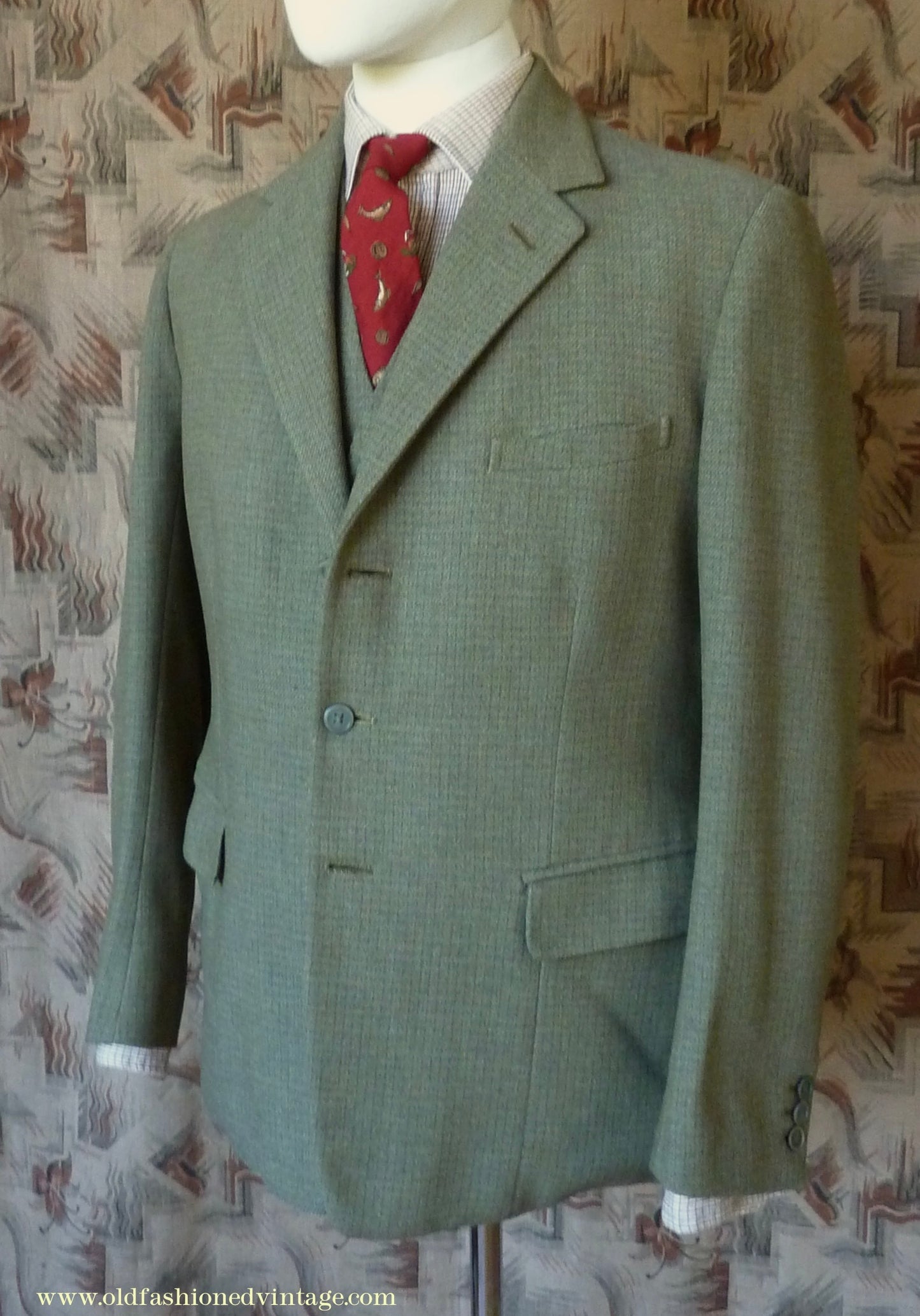 Vintage Mens 1960s Bespoke 2 Piece Jacket & Waistcoat Set Single Breasted Olive Green Brown Overcheck Wool 38"/40"